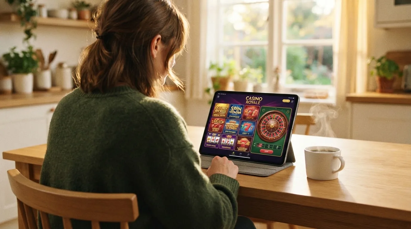 Een persoon bekijkt op een tablet een overzicht van casinospellen aan een keukentafel, met een kop koffie ernaast.