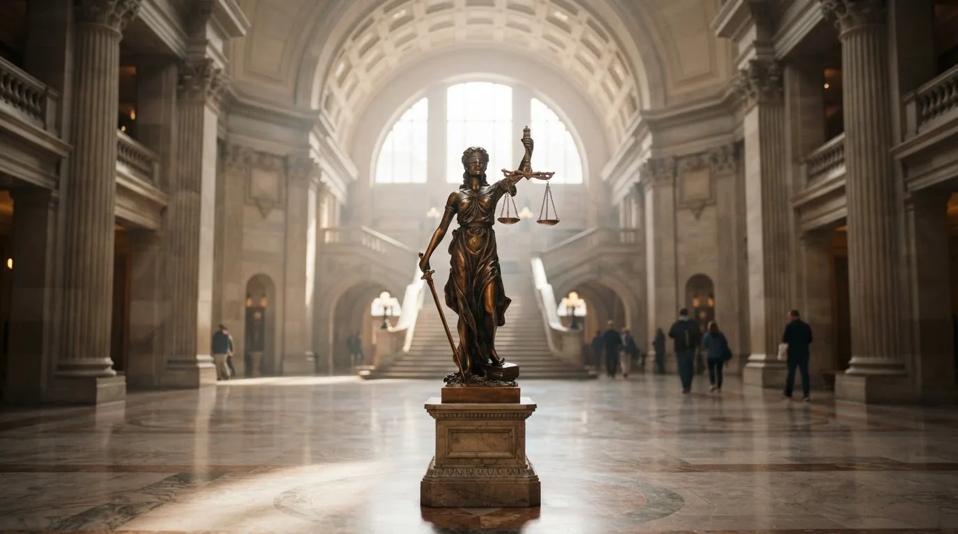 Een bronzen vrouwe Justitia met weegschaal staat voor een grote raampartij in een statig gerechtsgebouw, met zacht ochtendlicht.