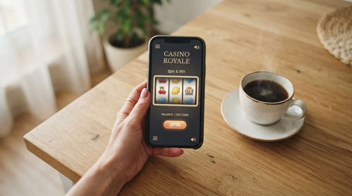 Een hand houdt een smartphone vast boven een houten tafel met een kopje koffie ernaast, in zacht daglicht.