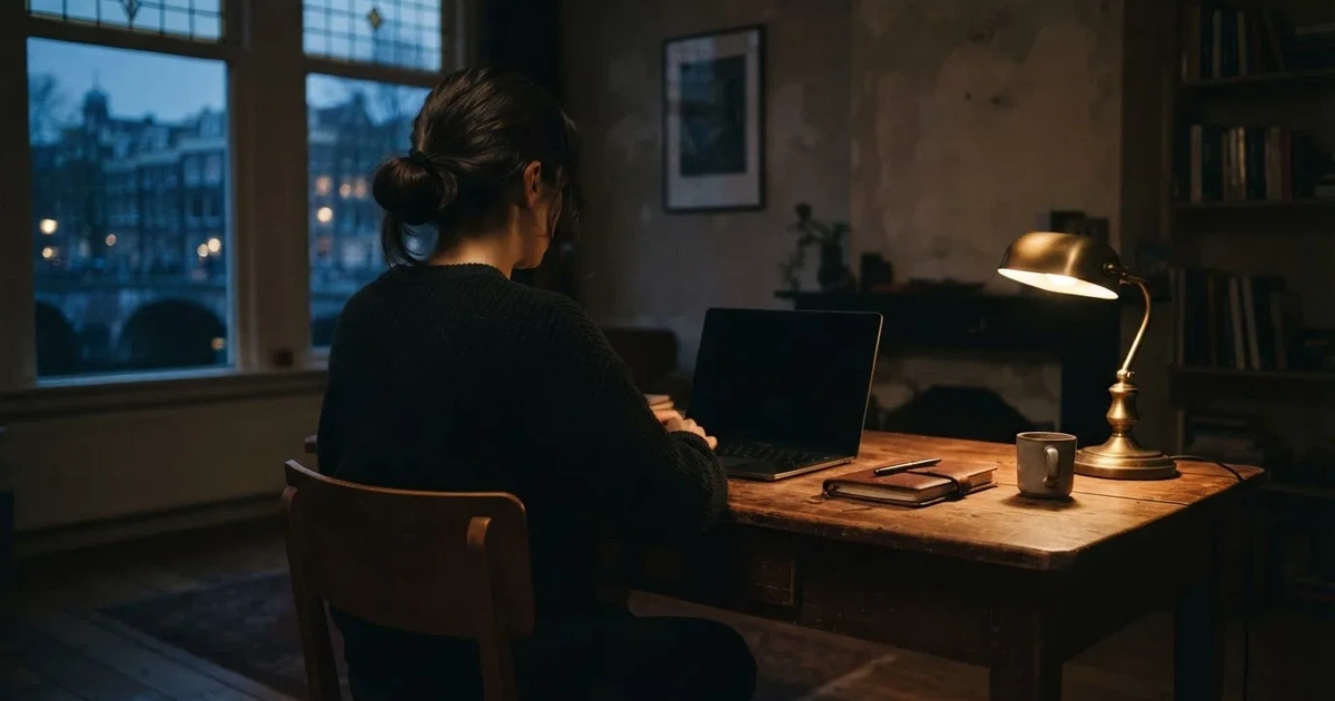 Een persoon zit alleen aan een bureau en staart peinzend naar een laptop met het scherm uit, in gedimd avondlicht.