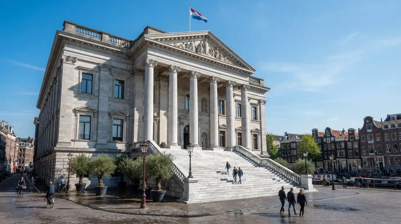 Een statig gerechtsgebouw met brede trappen en zuilen staat onder een heldere hemel in een Nederlandse stad.