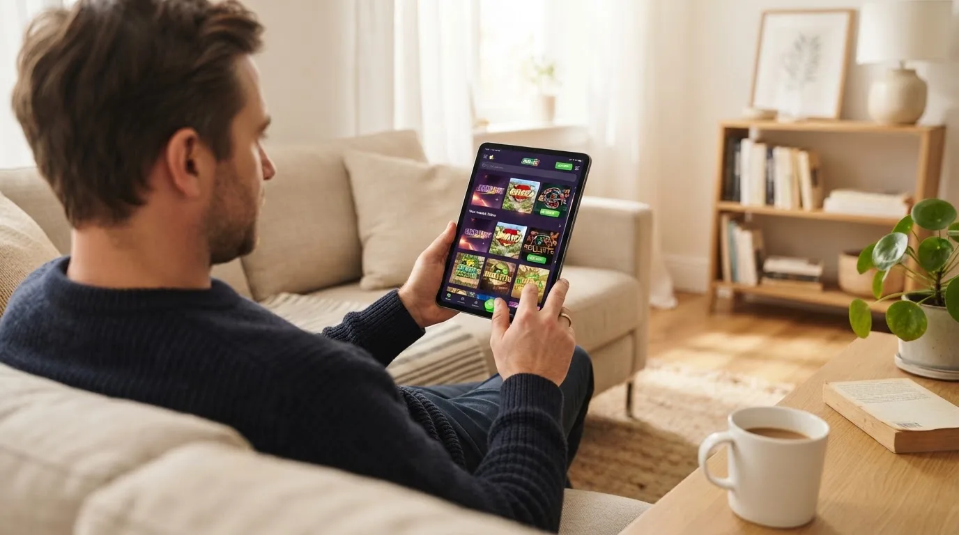 Een man bekijkt ontspannen een tablet op de bank in een lichte woonkamer met een kop koffie op de salontafel.