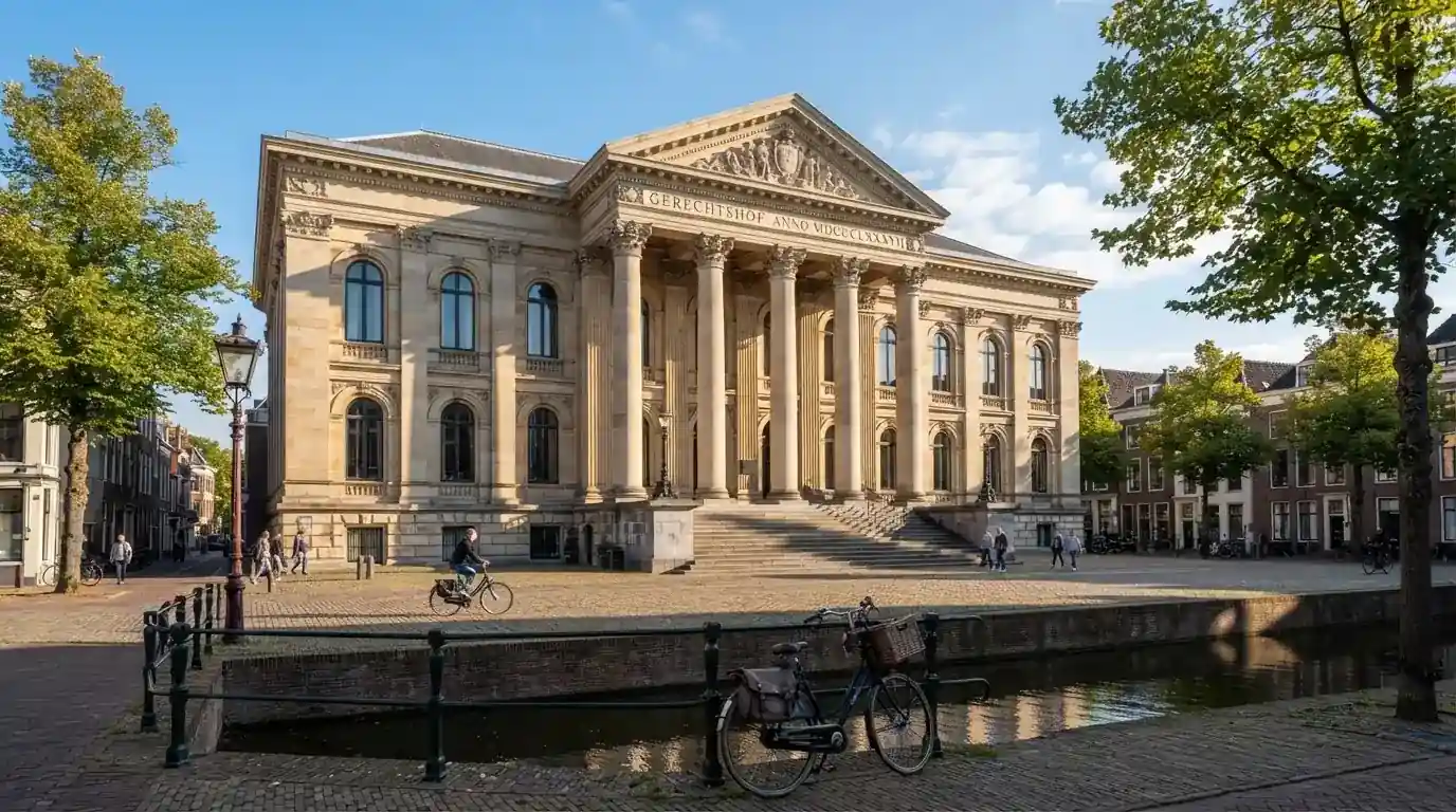 Een klassiek gerechtsgebouw met hoge zuilen staat onder een blauwe lucht in een Nederlandse binnenstad.
