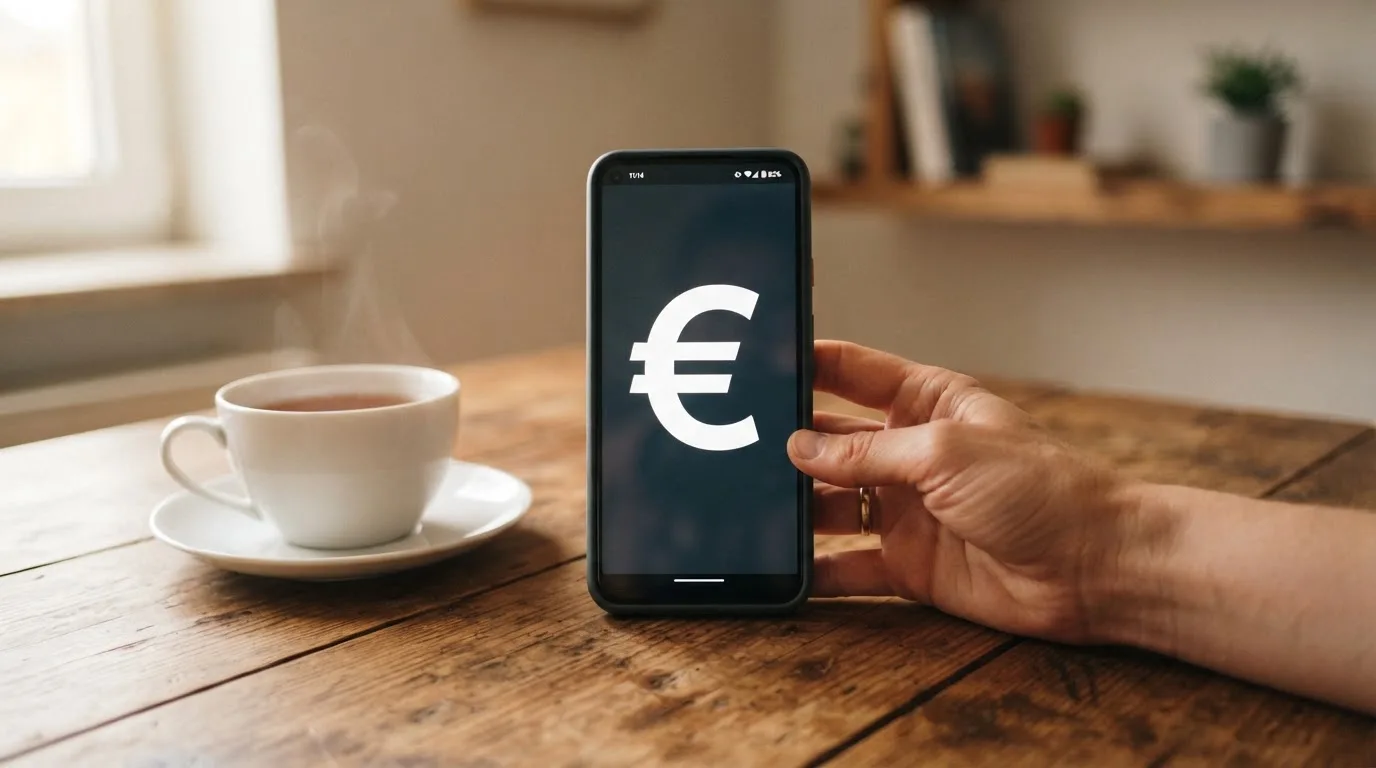 Een hand houdt een smartphone vast boven een houten tafel met een kopje thee ernaast, in zacht daglicht.