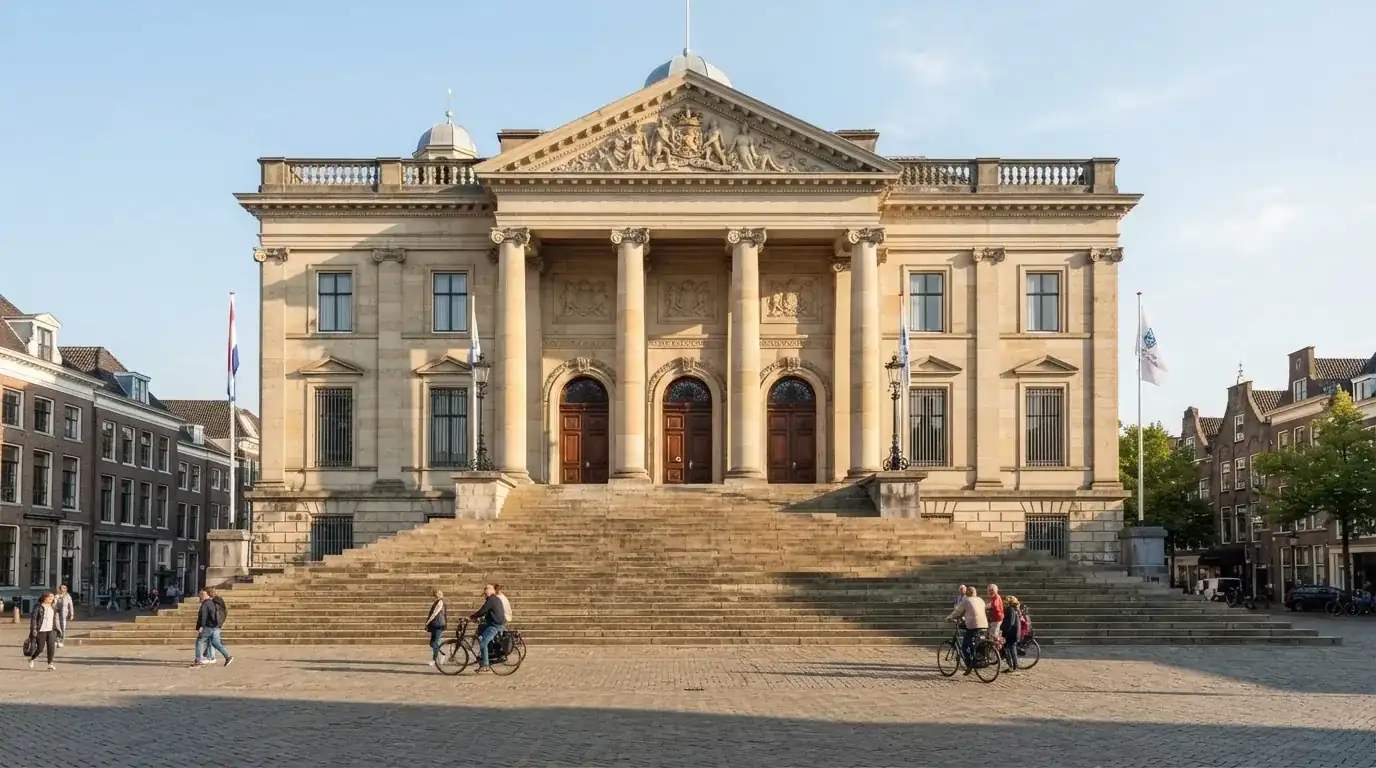Een statig gerechtsgebouw met brede trappen en zuilen staat onder een heldere hemel in een Nederlandse stad.