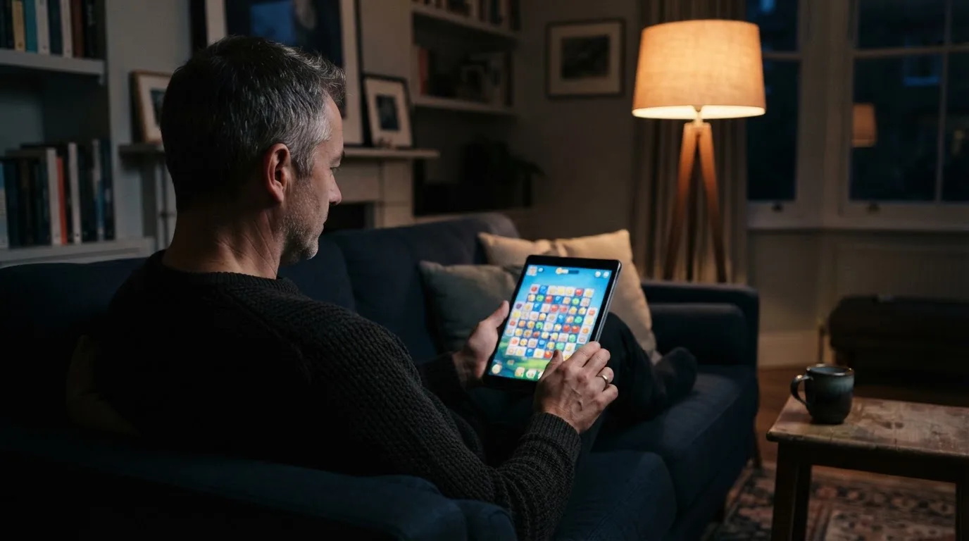 Een man bekijkt laat op de avond een tablet op de bank, verlicht door een staande lamp in een rustige woonkamer.