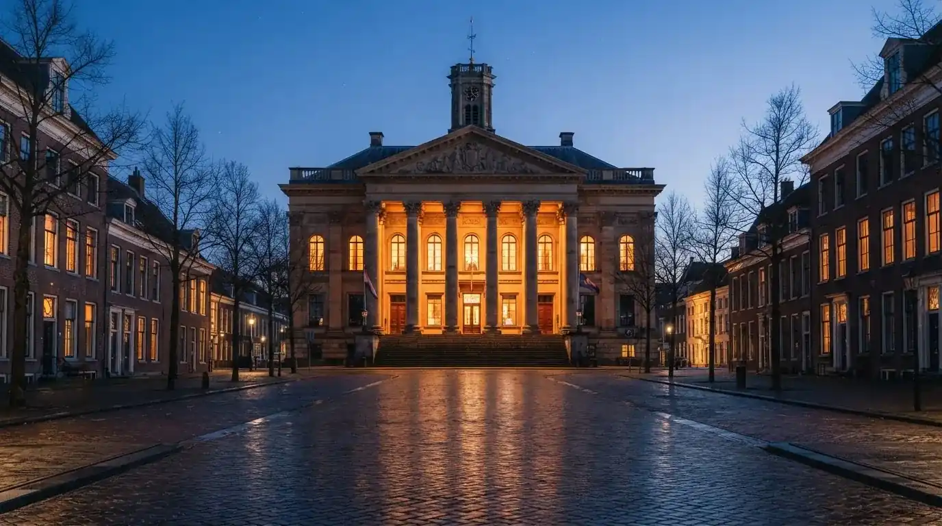 Een statig gerechtsgebouw met verlichte zuilen staat in de avondschemering in een Nederlandse stad.