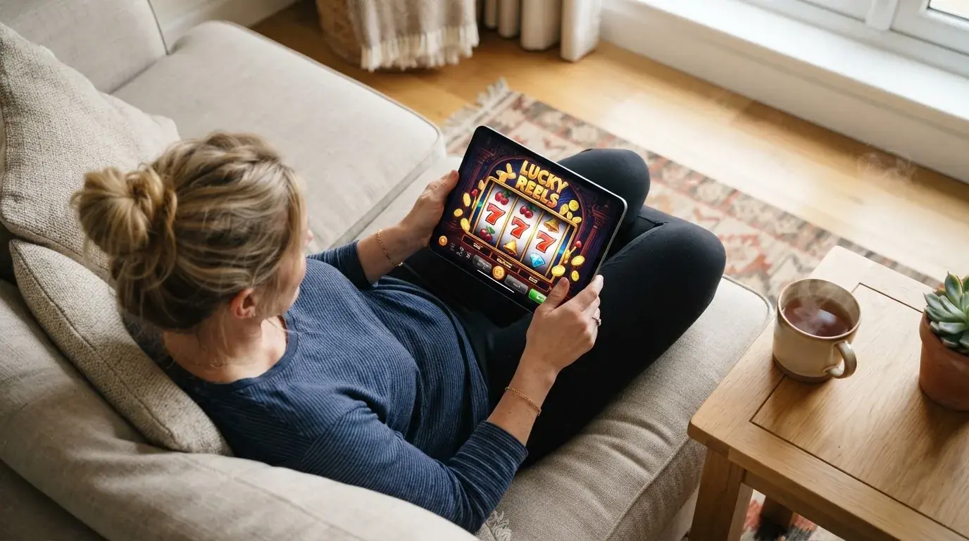 Een vrouw bekijkt ontspannen een tablet op de bank in een lichte woonkamer met een kop thee op de salontafel.