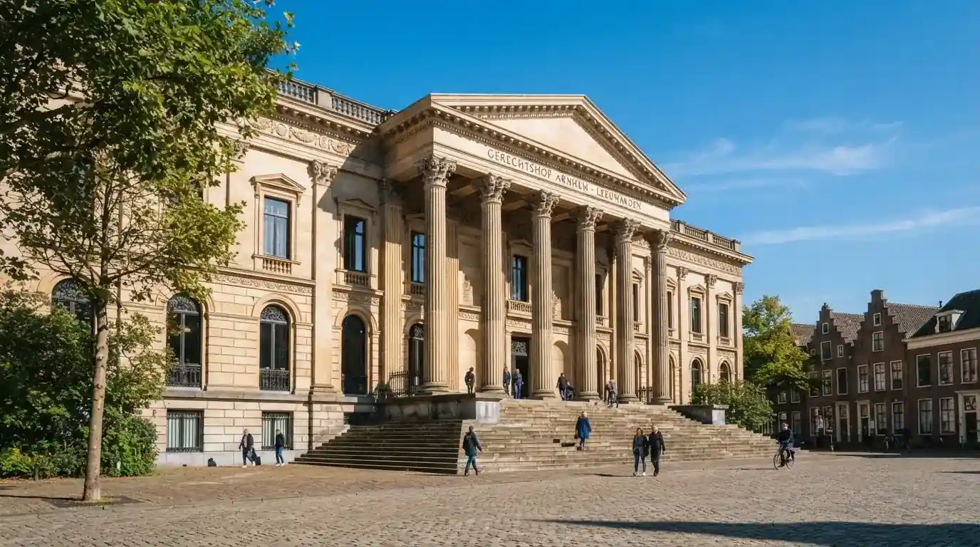 Een klassiek gerechtsgebouw met hoge zuilen staat onder een blauwe lucht in een Nederlandse binnenstad.