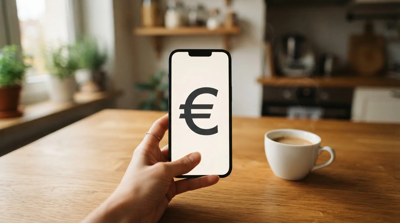 Een hand houdt een smartphone vast boven een houten tafel met een kopje koffie ernaast, in zacht daglicht.