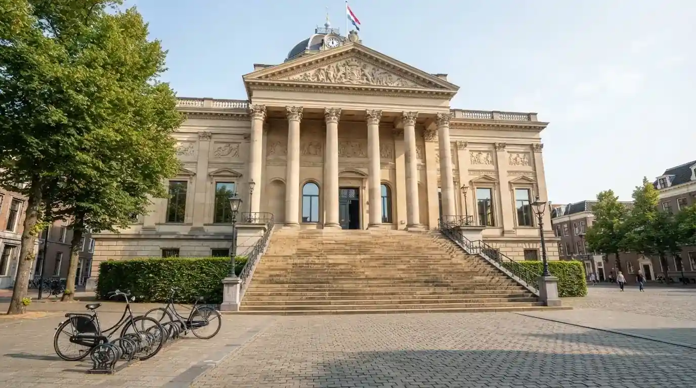 Een statig gerechtsgebouw met brede trappen en zuilen staat onder een heldere hemel in een Nederlandse stad.