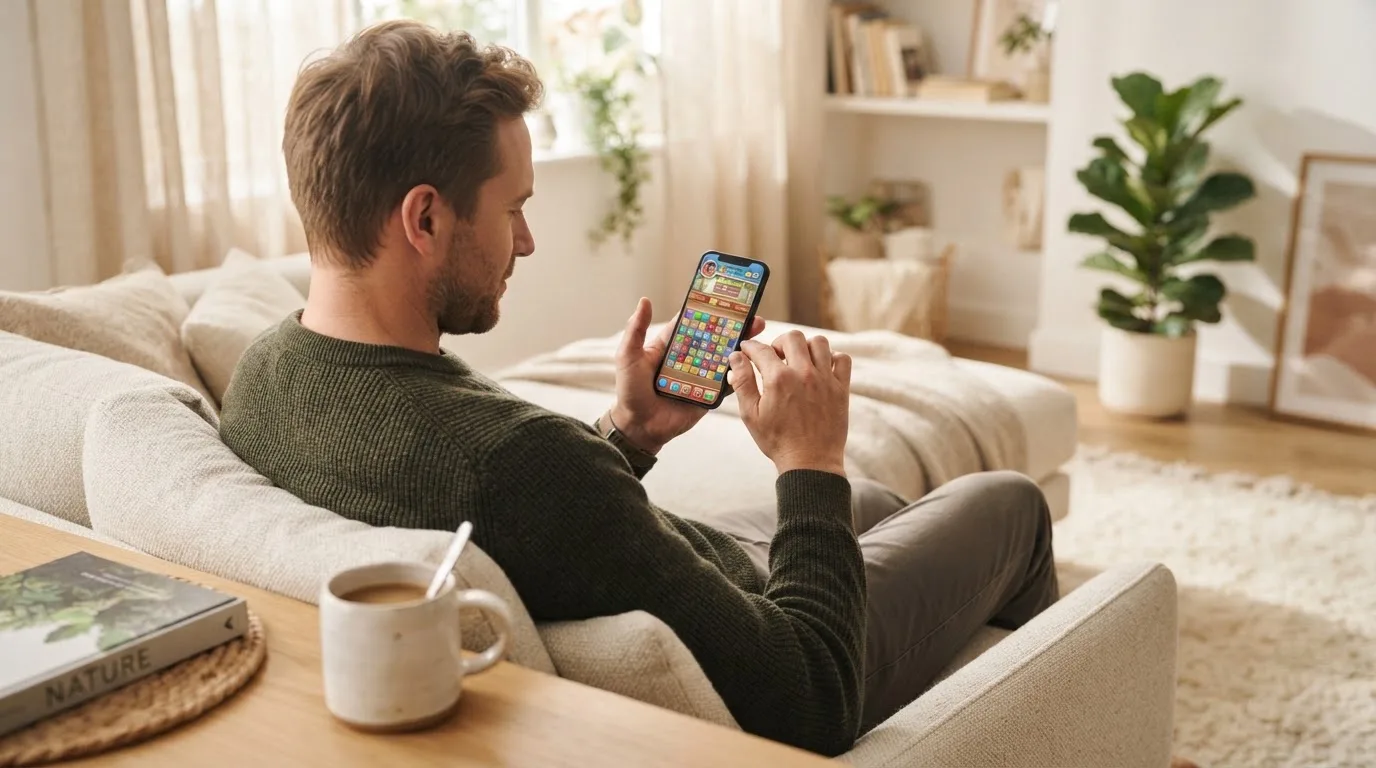 Een man bekijkt ontspannen zijn telefoon op de bank in een lichte woonkamer met een kop koffie op de salontafel.