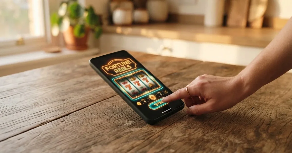 Een hand houdt een smartphone vast en tikt met een vinger op het scherm, terwijl de telefoon rust op een houten tafel.