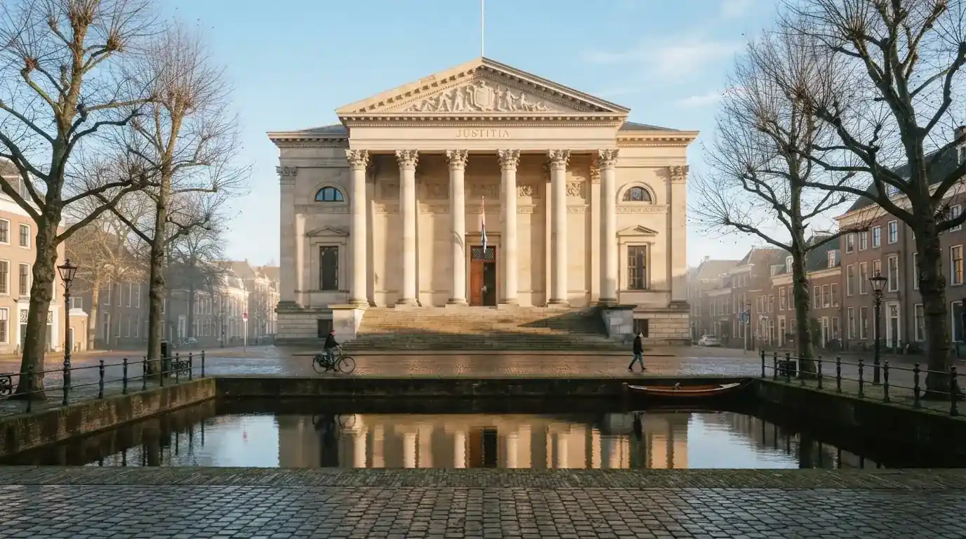 Een klassiek gerechtsgebouw met zuilen staat onder een blauwe lucht in een rustige Nederlandse stad.