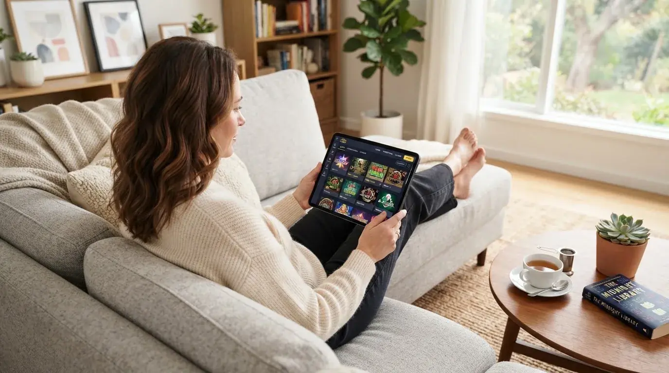 Een vrouw bekijkt ontspannen een tablet op de bank in een lichte woonkamer met een kop thee op de salontafel.
