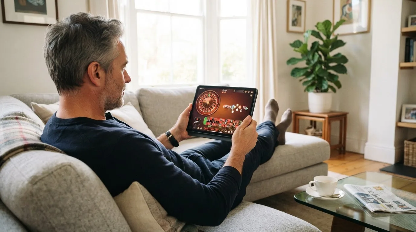 Een man bekijkt ontspannen een tablet op de bank in een lichte woonkamer met een kop thee op de salontafel.