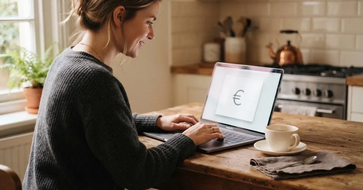 Een vrouw regelt op een laptop een overschrijving aan een keukentafel, met een kopje koffie naast het toetsenbord.