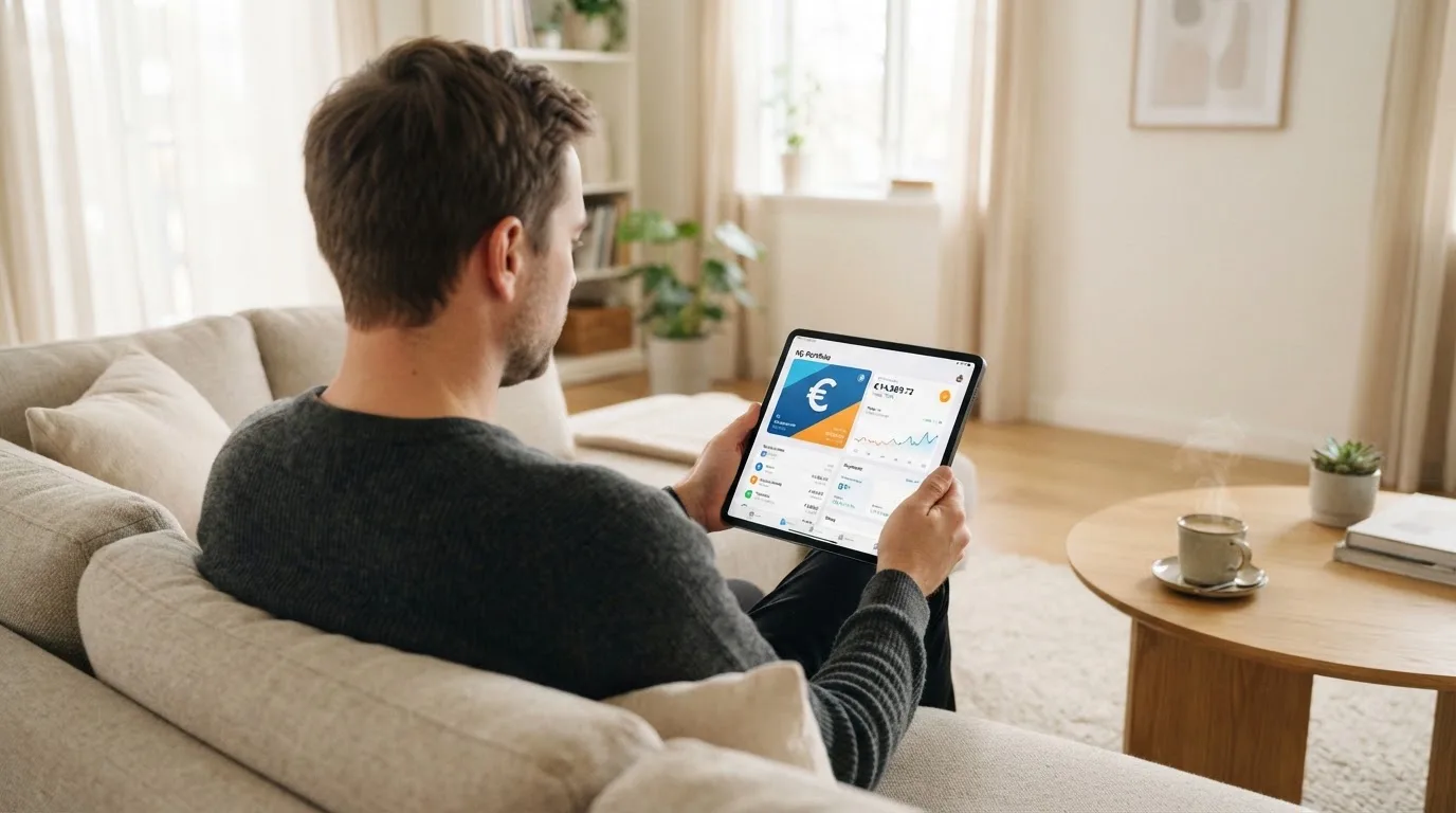 Een man bekijkt ontspannen een tablet op de bank in een lichte woonkamer met een kop koffie op de salontafel.