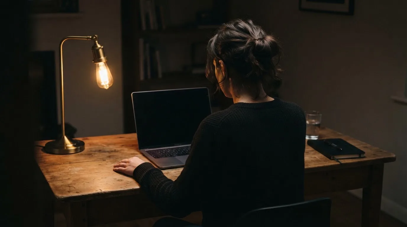 Een persoon zit alleen aan een bureau en kijkt peinzend naar een laptop met het scherm uit, in gedimd licht.