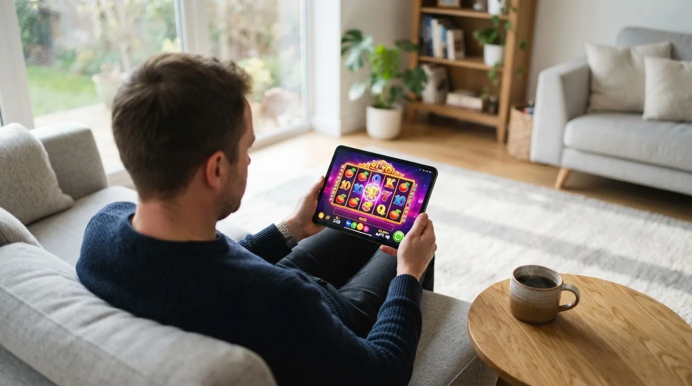 Een man bekijkt ontspannen een tablet op de bank in een lichte woonkamer met een kop koffie op de salontafel.