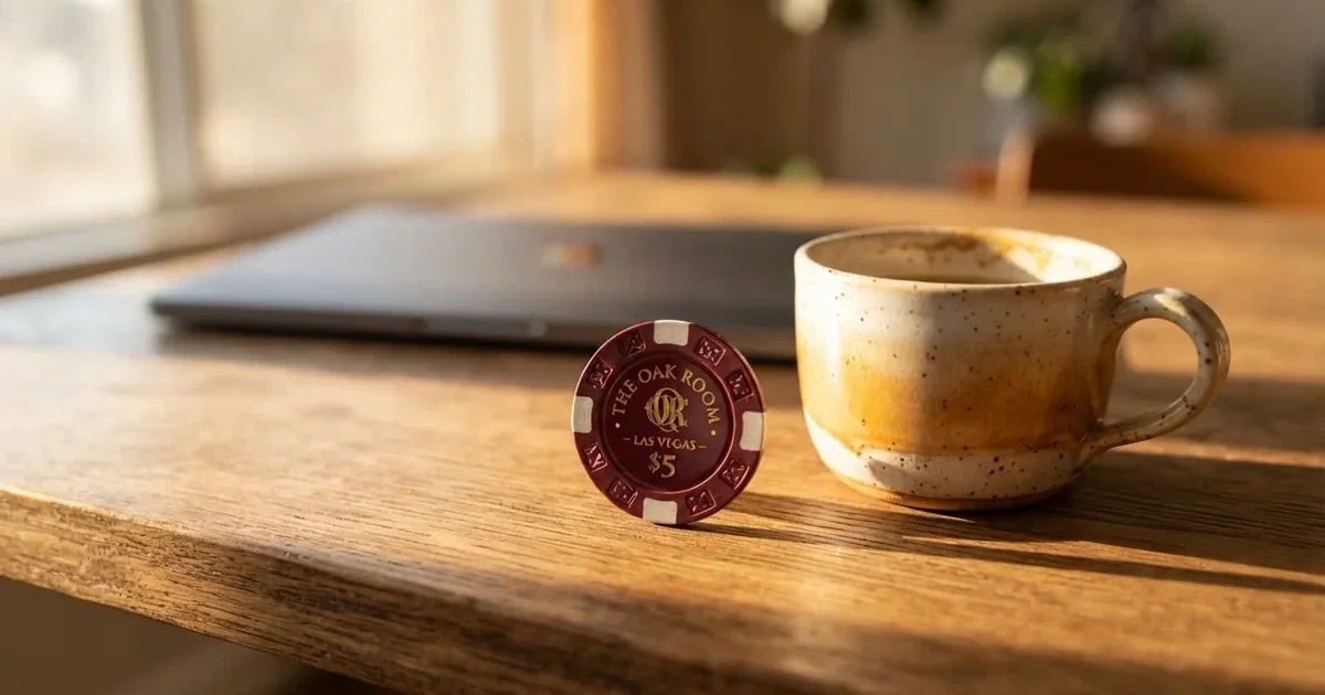 Een laptop met gesloten deksel staat naast een kopje koffie op een houten bureau, in zacht ochtendlicht.