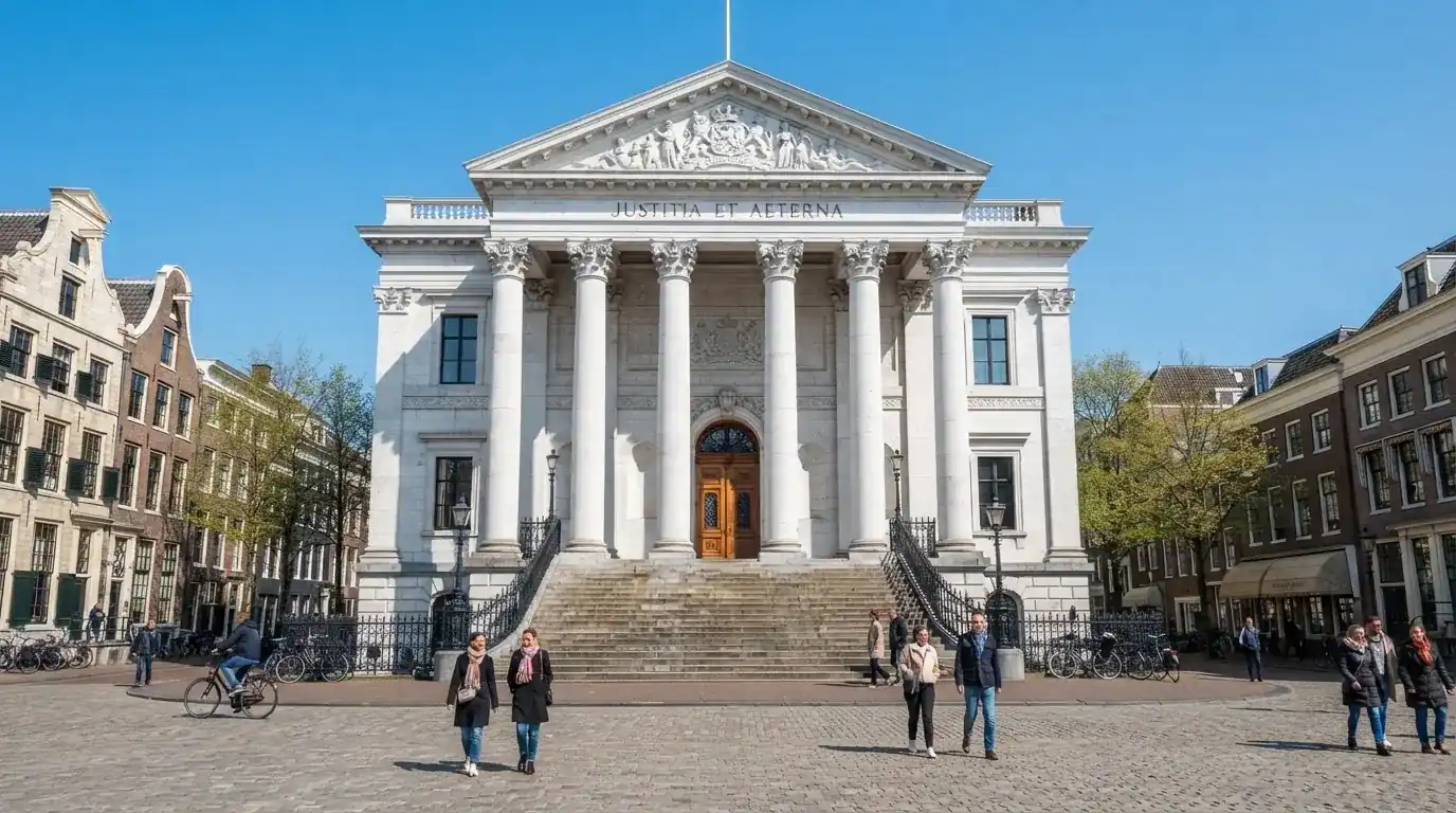 Een klassiek gerechtsgebouw met hoge zuilen staat onder een heldere hemel in een Nederlandse stad.