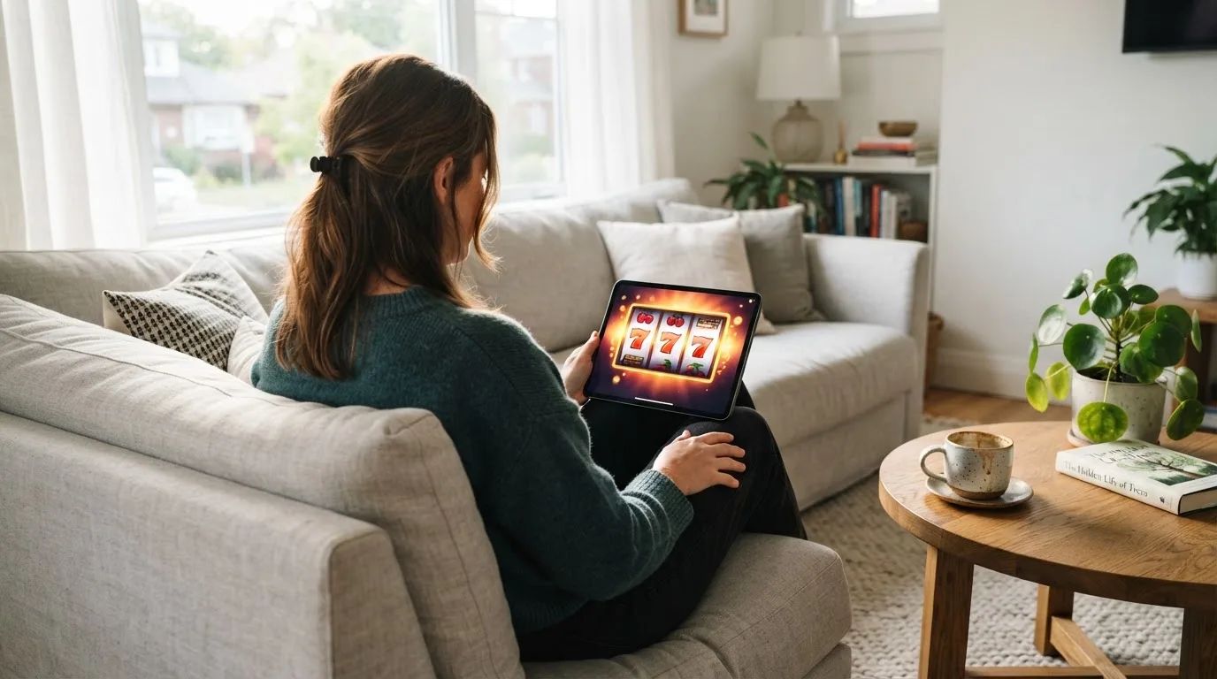 Een vrouw bekijkt ontspannen een tablet op de bank in een lichte woonkamer met een kop koffie op de salontafel.