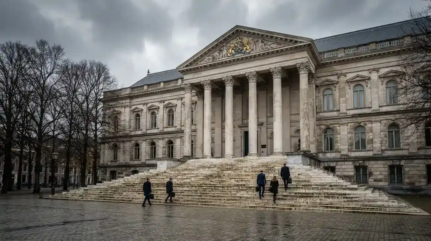 Een klassiek gerechtsgebouw met brede trappen staat onder een bewolkte hemel in een Nederlandse stad.