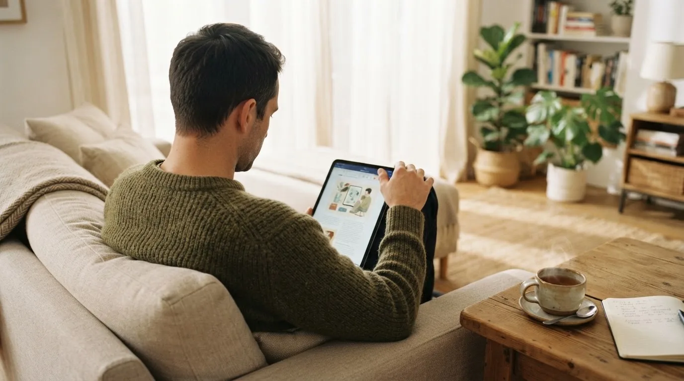 Een man bekijkt ontspannen een tablet op de bank in een lichte woonkamer met een kop thee op de salontafel.