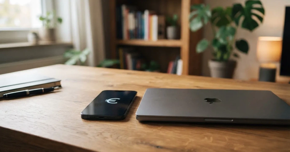 Een laptop met gesloten deksel staat naast een smartphone op een houten bureau, in zacht daglicht.