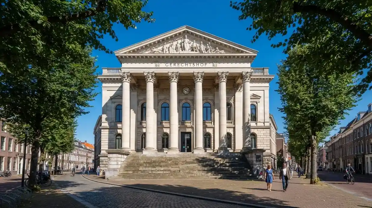 Een klassiek gerechtsgebouw met hoge zuilen staat onder een heldere hemel in een Nederlandse stad.