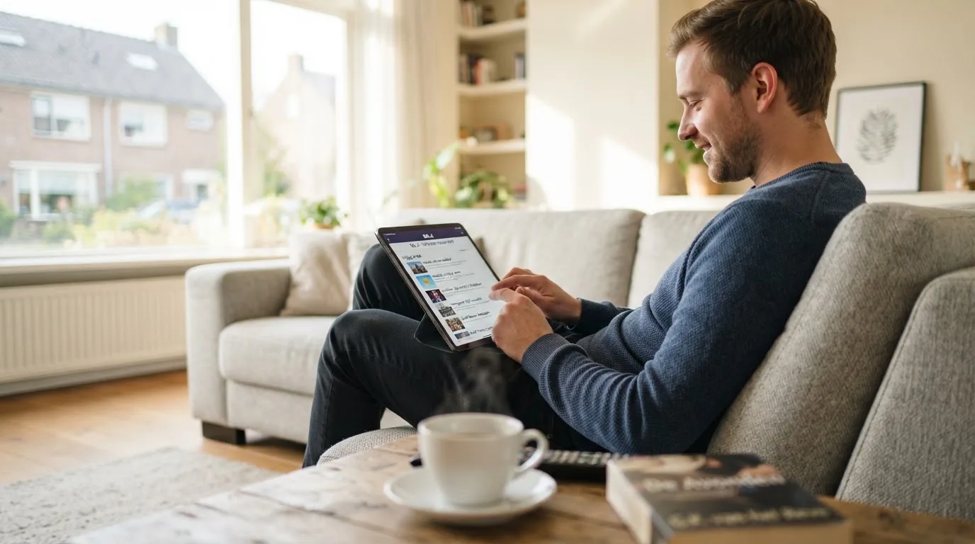 Een man bekijkt ontspannen een tablet op de bank in een lichte woonkamer met een kop koffie op de salontafel.