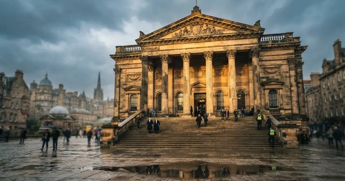 Een statig gerechtsgebouw met brede trappen en zuilen staat onder een bewolkte hemel in een Europese stad.
