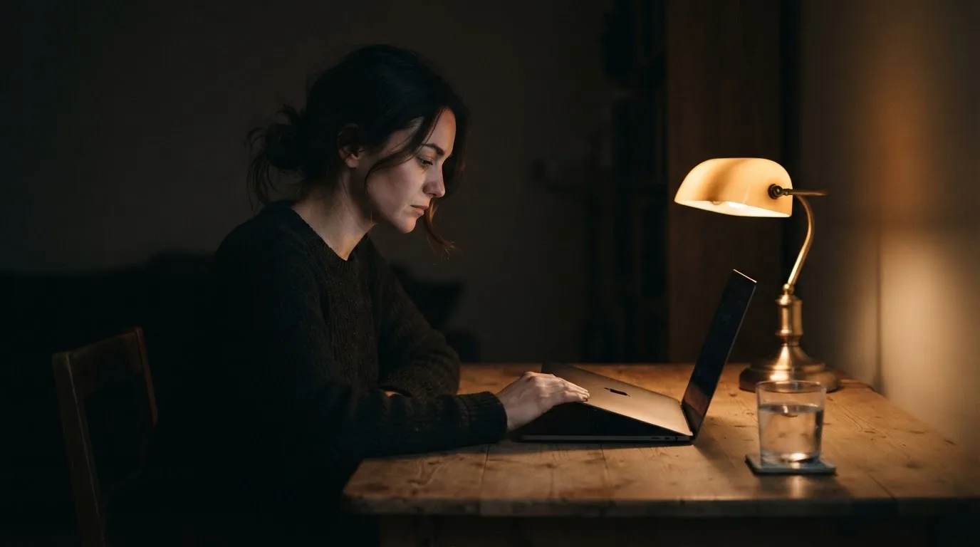 Een persoon zit alleen aan een bureau en kijkt peinzend naar een laptop met het scherm uit, in gedimd licht.