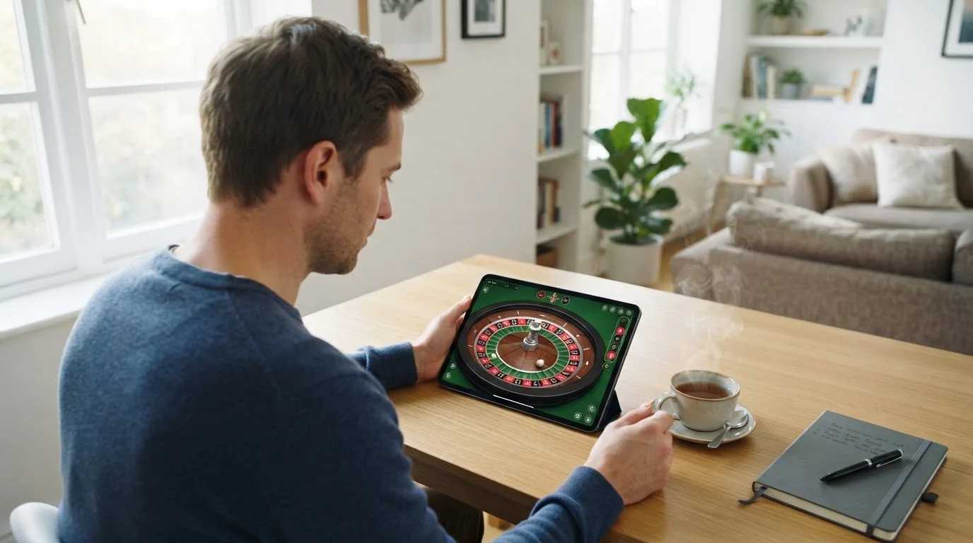 Een man zit aan een bureau in een lichte woonkamer en kijkt naar het scherm van een tablet die naast een kop thee ligt.