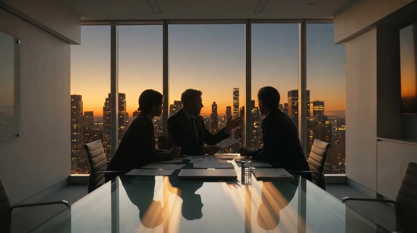 Een klein team overlegt rond een tafel in een glazen vergaderruimte met uitzicht op een stedelijke skyline bij zonsondergang.
