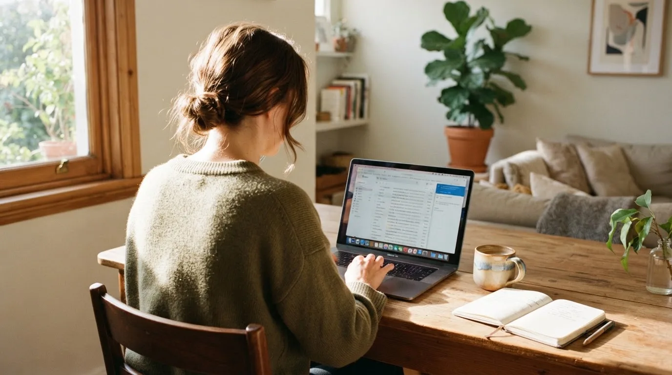 Een vrouw zit aan een houten bureau en bekijkt rustig het scherm van een laptop in een lichte woonkamer.
