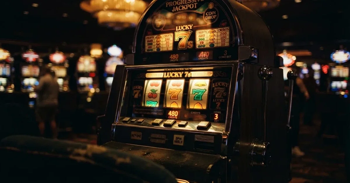Een close-up van kleurrijke gokkasten met knipperende lichten in een schemerig casino, zonder zichtbare spelers of tekst.