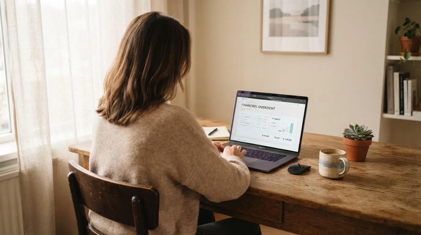 Een vrouw zit aan een houten bureau en bekijkt rustig het scherm van een laptop in een lichte woonkamer.