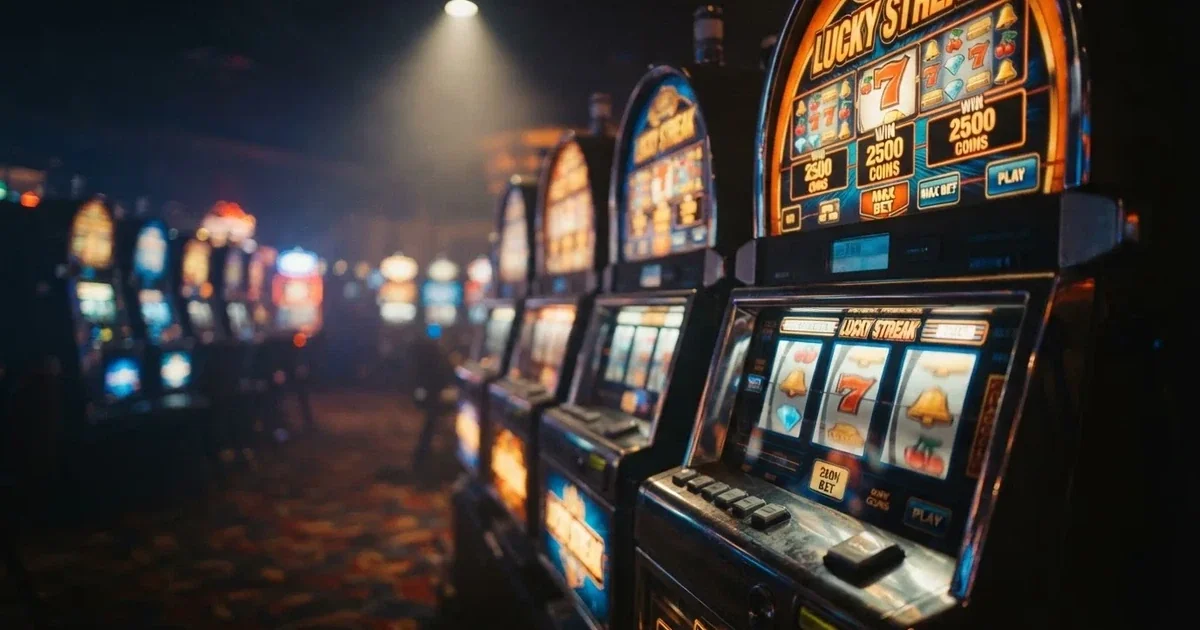 Een close-up van kleurrijke gokkasten met knipperende lichten in een schemerig casino, zonder zichtbare spelers of tekst.