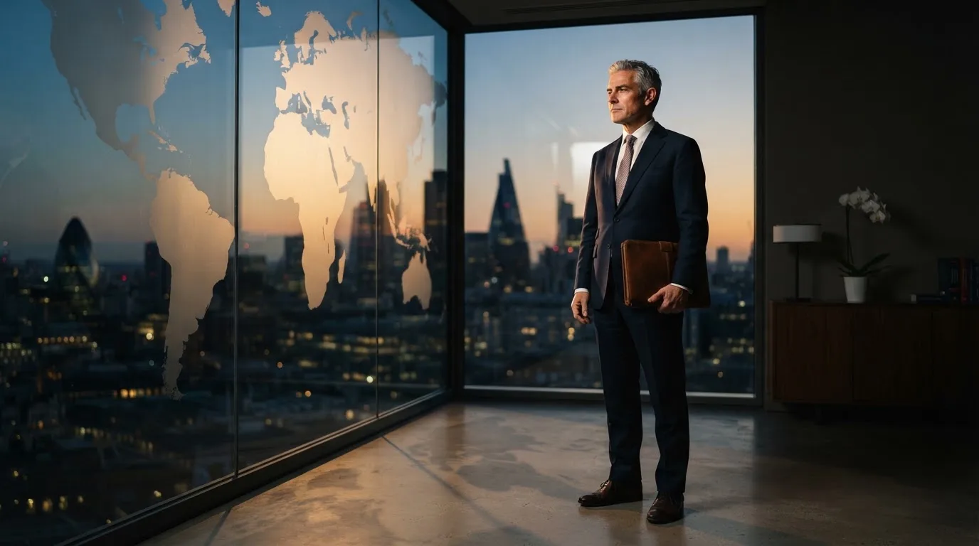 Een jurist in kostuum staat voor een grote glazen wand met een wereldkaart in een modern kantoor tijdens de avondschemering.