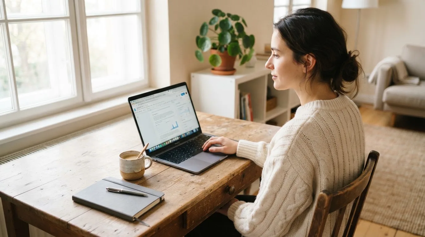 Een vrouw zit aan een houten bureau en bekijkt rustig het scherm van een laptop in een lichte woonkamer.