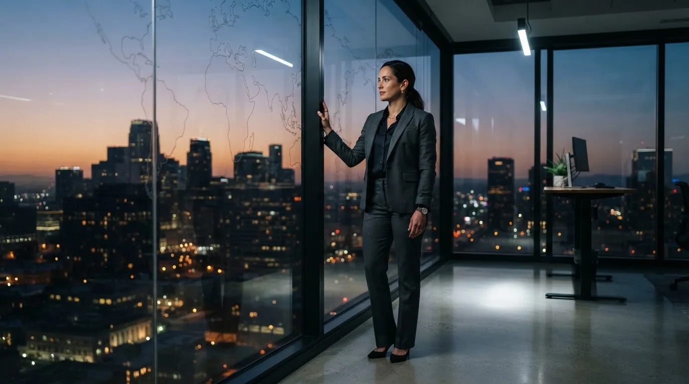 Een jurist in kostuum staat voor een grote glazen wand met een wereldkaart in een modern kantoor tijdens de avondschemering.