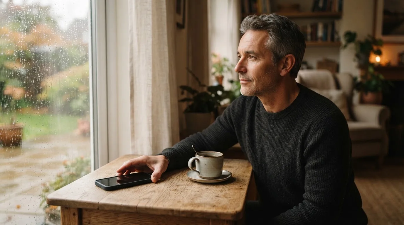 Een man legt zijn telefoon rustig weg en kijkt uit het raam met een kop koffie op tafel.