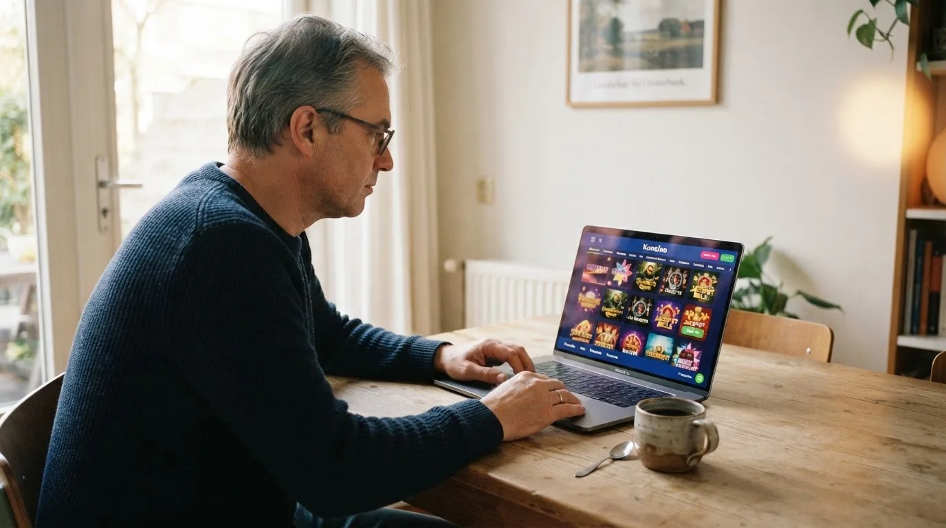 Een man zit thuis aan tafel met een kop koffie en bekijkt rustig zijn laptop.