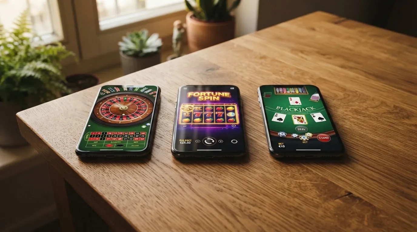 Verschillende smartphones liggen naast elkaar op een houten tafel in zacht ochtendlicht.