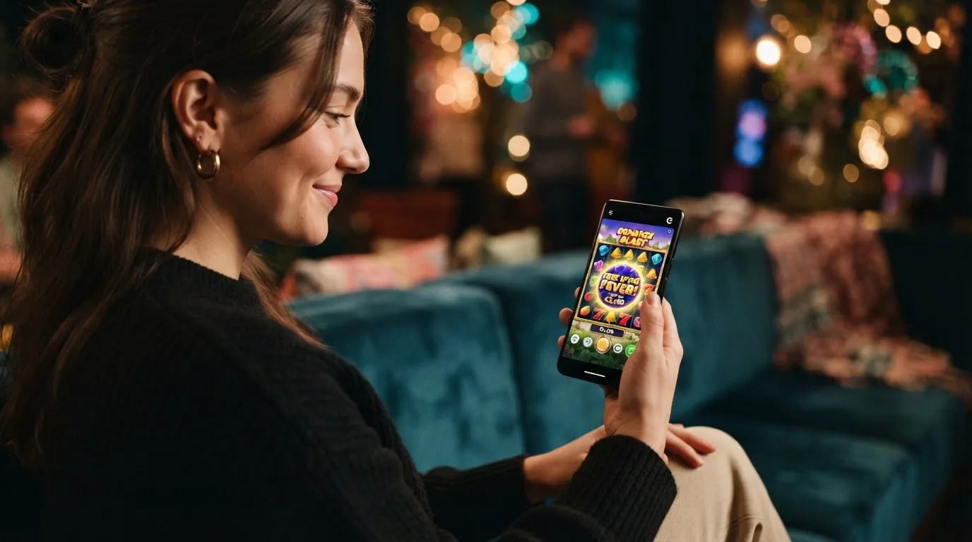 Zacht wazige gekleurde lichtjes vervagen op de achtergrond terwijl een persoon glimlachend naar een telefoon kijkt.