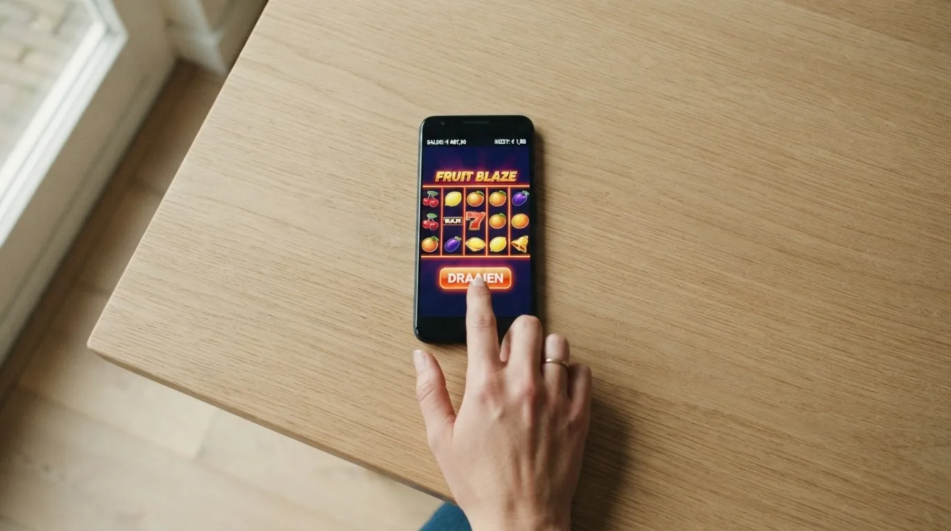 Een hand raakt met een vinger het scherm van een smartphone aan terwijl de telefoon rechtop op een tafel staat.