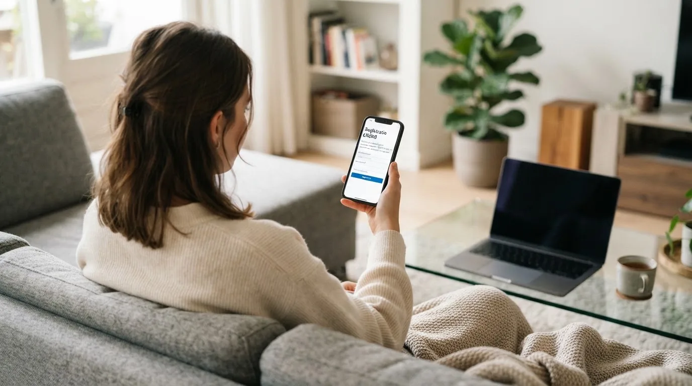 Een jonge vrouw zit ontspannen op de bank met een smartphone in haar hand, terwijl een laptop met onscherp scherm op de salontafel staat.