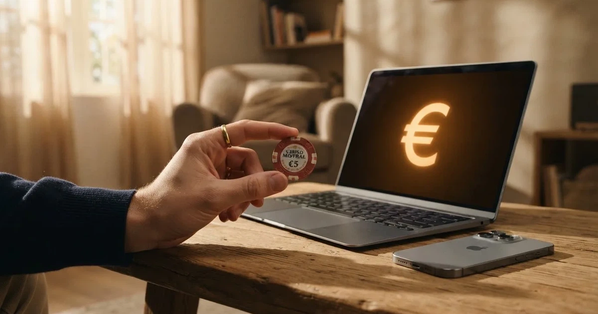 Een persoon houdt een betaalpas vast naast een laptop met wazig scherm, terwijl zacht daglicht door het raam valt in een rustige woonkamer.